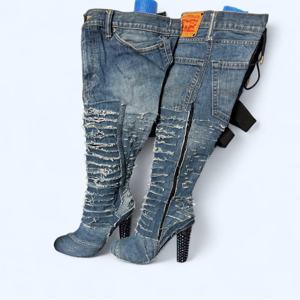 Distressed Levi Denim Thigh High Stiletto Rhinestone Boots Sz 10 Punk Y2K Grunge - Picture 5 of 14
